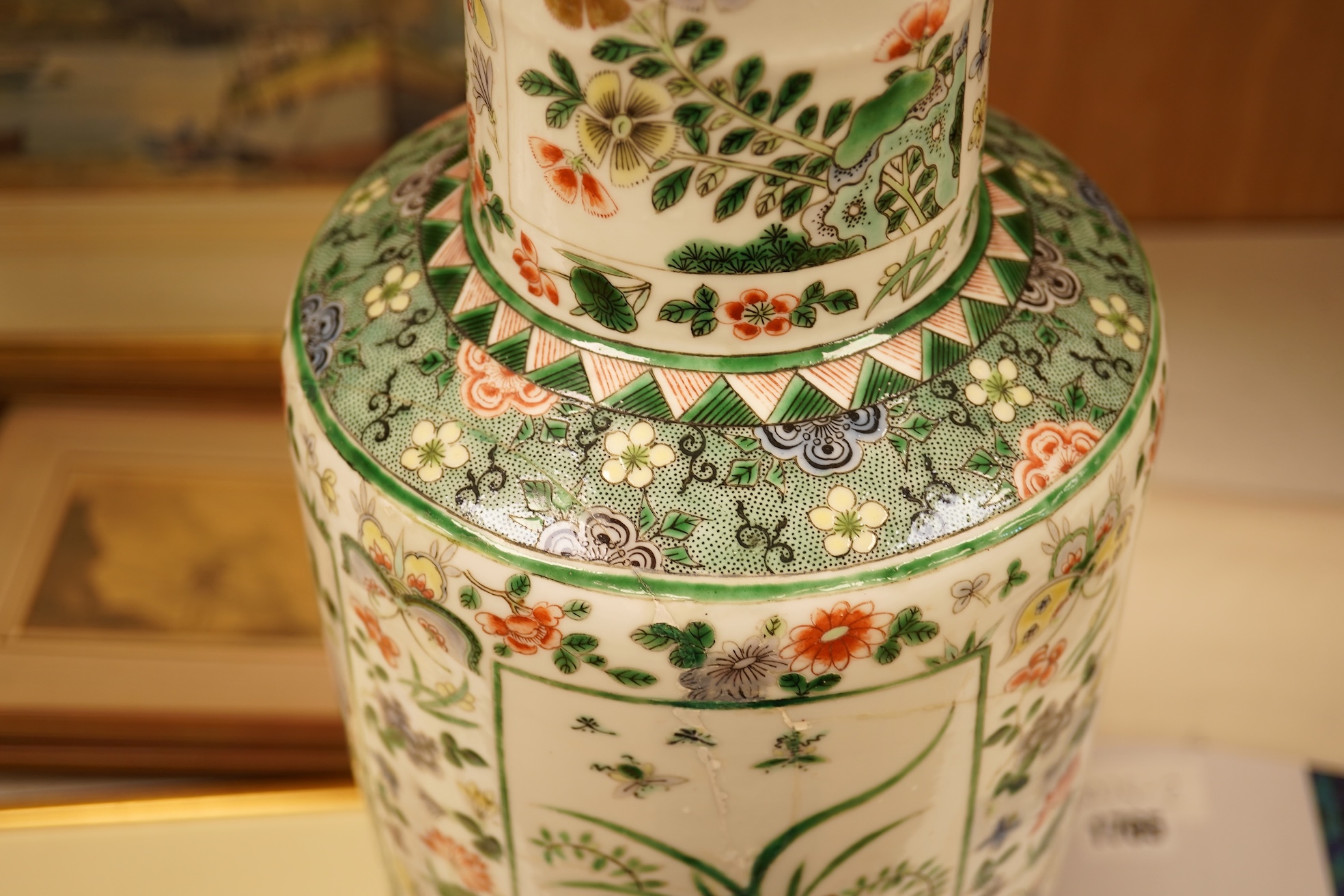 A Chinese famille verte rouleau vase, 19th century, 46cm